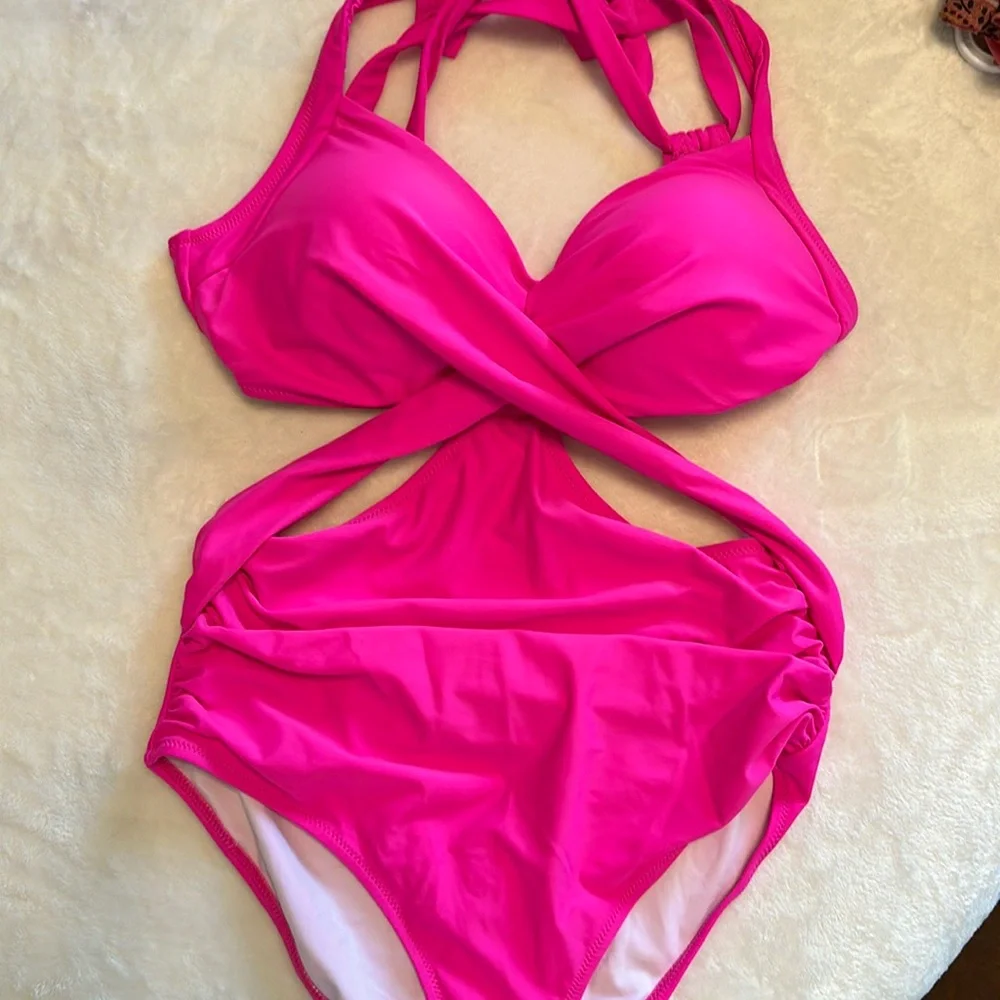 👙Hot pink cross front swimsuit - Picture 2 of 4